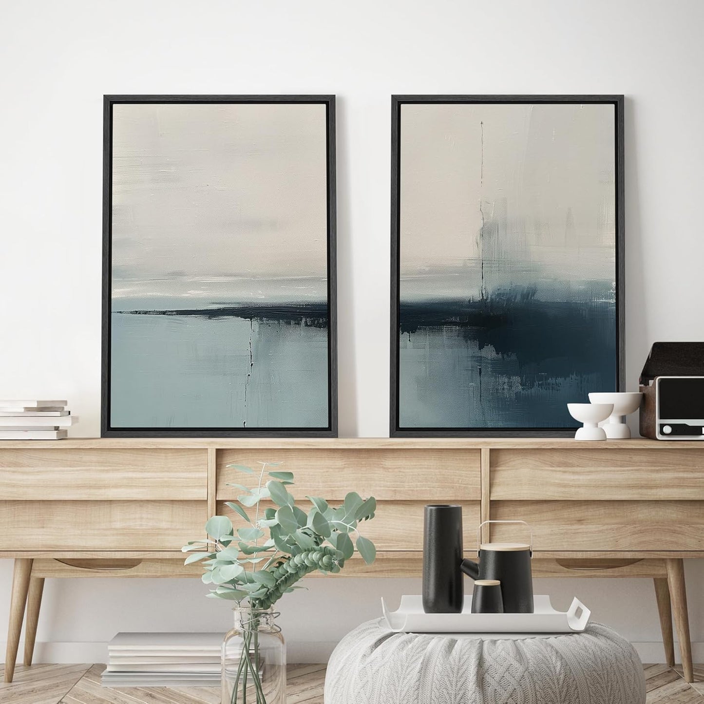 SIGNWIN Framed Canvas Print Wall Art Modern Blue Ocean-Inspired Coastal Abstract Serene Neutral Tones with Subtle Patterns Illustrations Decorative for Living Room, Bedroom, Office - 16"x24"x2 Black