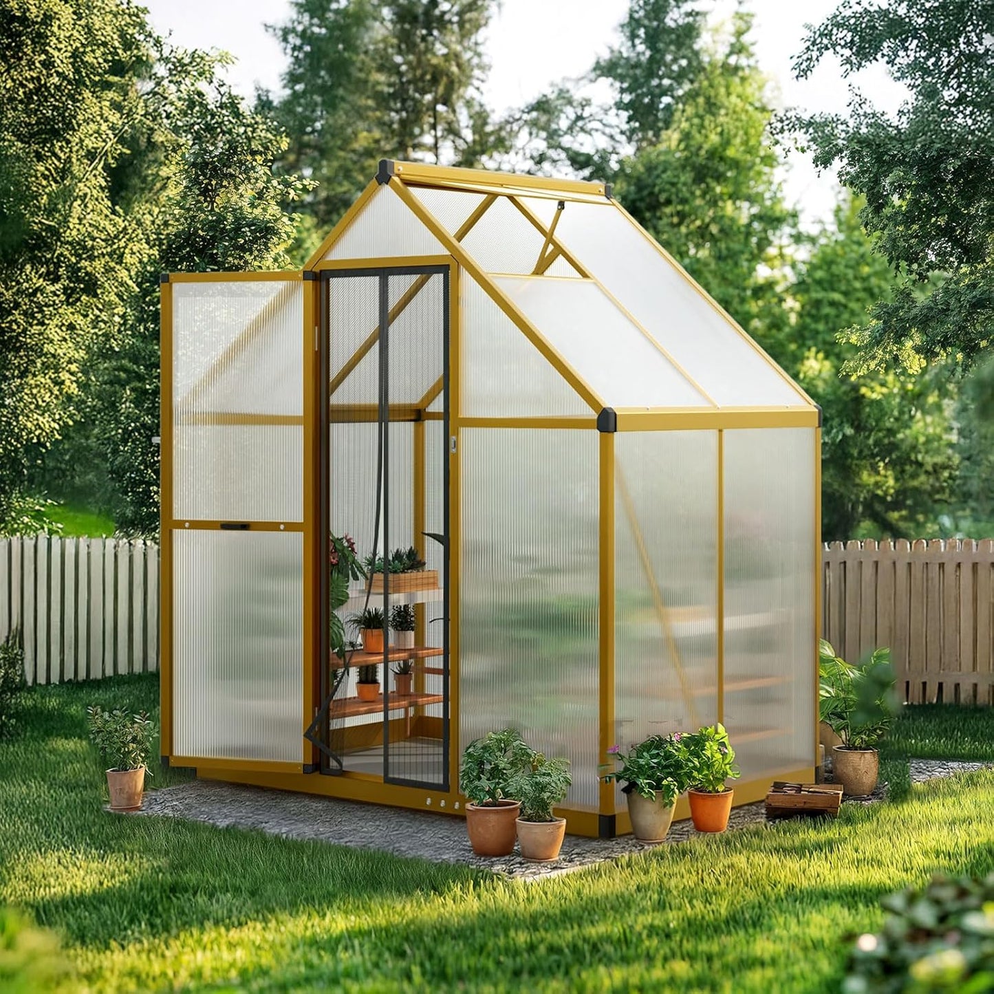 KING BIRD Greenhouse for Outdoors, 4x6 FT Polycarbonate Walk-in Green House, Quick-Setup Aluminum Frame UV Resistant Panel for Outside Garden Backyard W/ Lockable Screen Door, Vent, Wood-Like