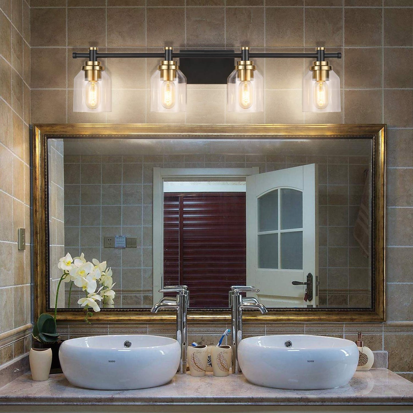 SOLFART Vintage Vanity Light Fixture, 4 Lights, Clear Glass & Black Brass, Model 7900-4T