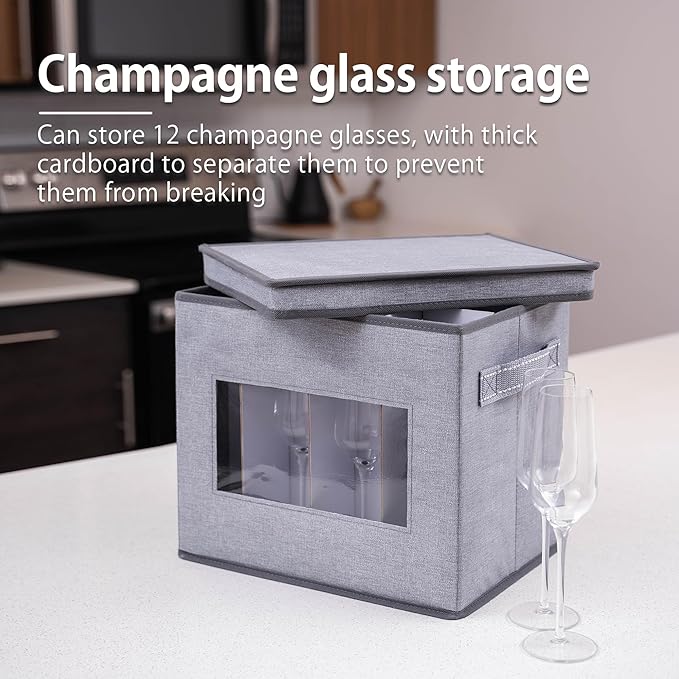VENO 2 Pack Champagne Flute Glass Storage Box with Lid and Handles, Moving Boxes for Glasses, China Organizer Container, Glassware Holder, Dividers for 12 Glasses (Champagne Flute, 2 Pack)