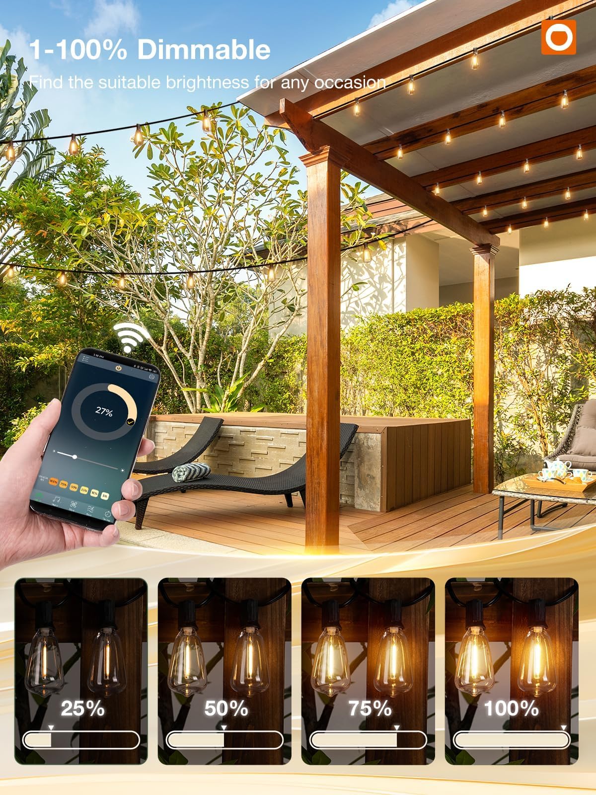 addlon 96FT Smart Outdoor String Lights, Dimmable LED Edison Bulbs, Warm White, APP Control, Music Sync, Model A09JW032901002