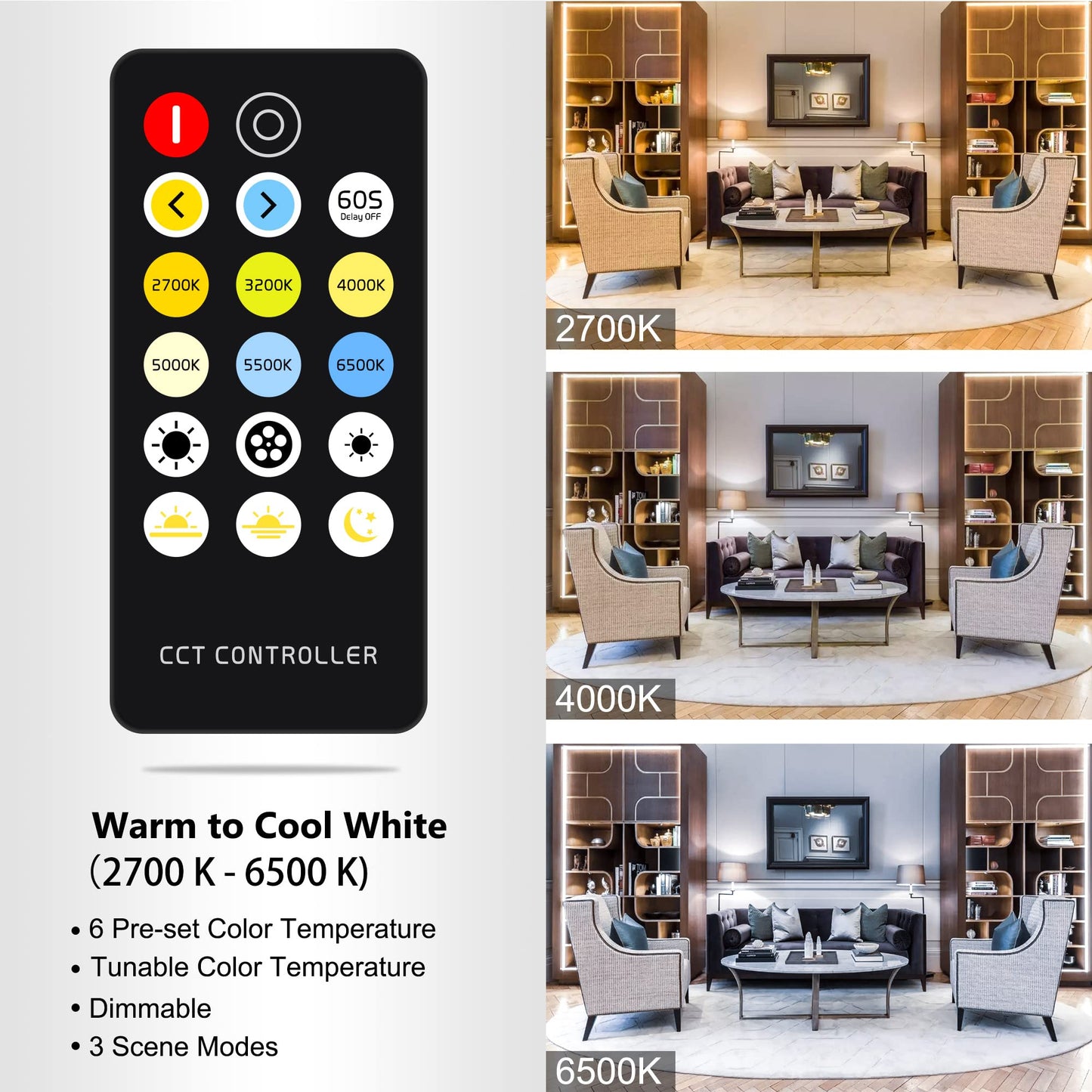 Cct Cob Led Strip Lights  6.56Ft Dimmable 2700K-6500K 24V Tunable White Led Light Strip Kit  High Density Cri 90+ Led Strips With Remote Controller And Power Supply  For Bedroom Kitchen Home Lighting