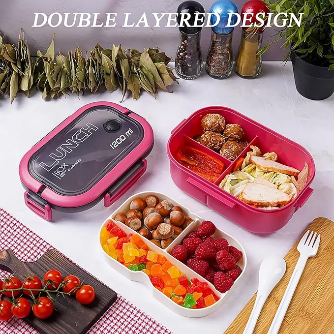 Bento Box Adult, Lunch Box for Men and Women, 1200ML Leak-proof Double-layered with Handle Lunchbox, Reusable BPA-Free Lunch Container, Microwave/Dishwasher Safe, Snack Box with Cutlery Set, Pink