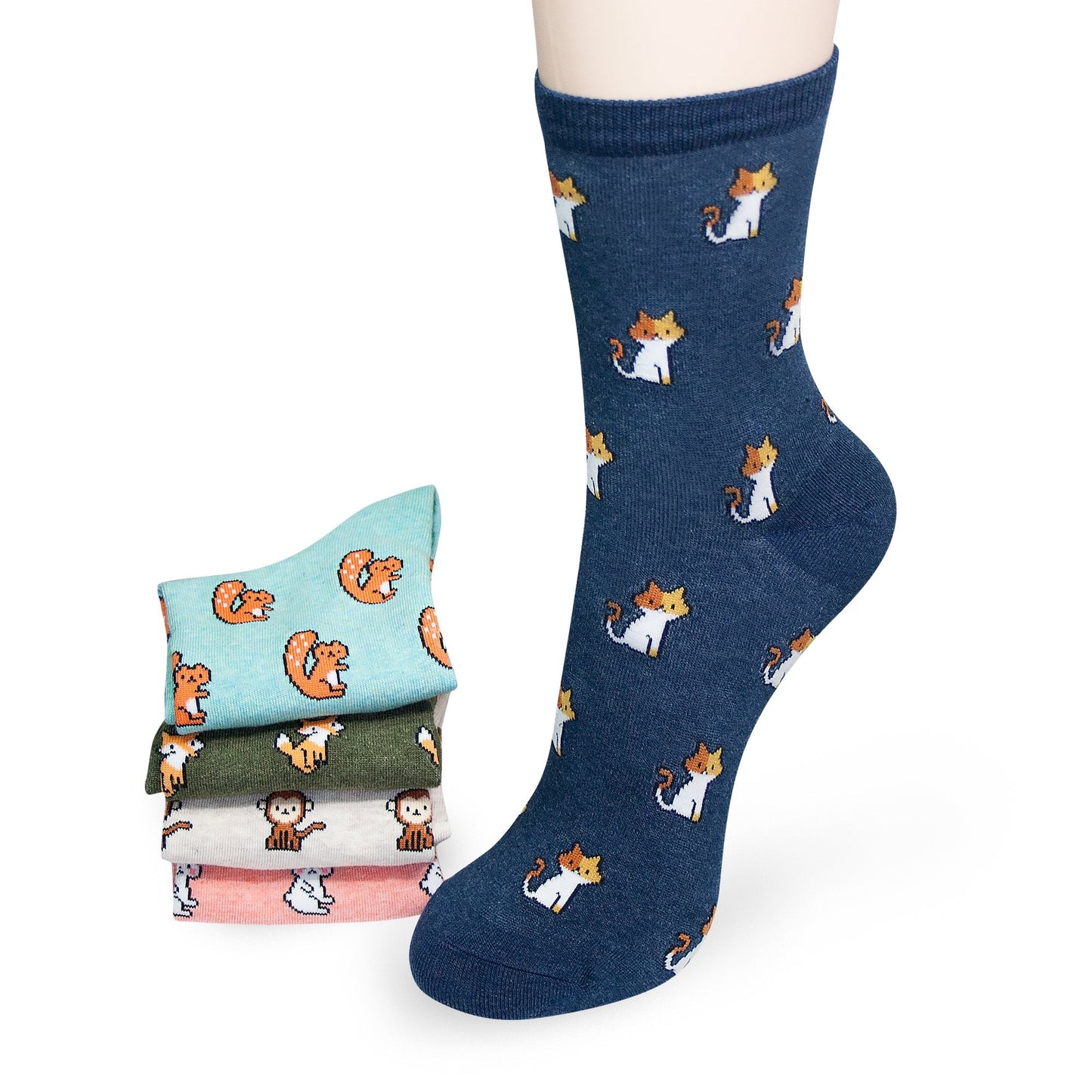 KONY Women's Girls Casual Funny Novelty Crew Socks Cute Animal Cat Rabbit Squirrel Pattern - Gifts for Animals Lovers (Mini Animals - 5 Pairs)