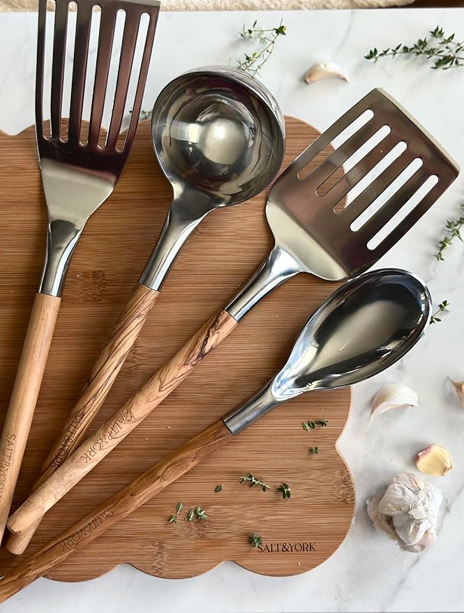 Premium Cooking Utensil Set – Salt & York 4-Piece Stainless Steel Non-toxic Kitchen Tools with Handcrafted Wooden Handles – Spatula, Ladle, Spoon – Gift for Home Cooks, Kitchen Gift