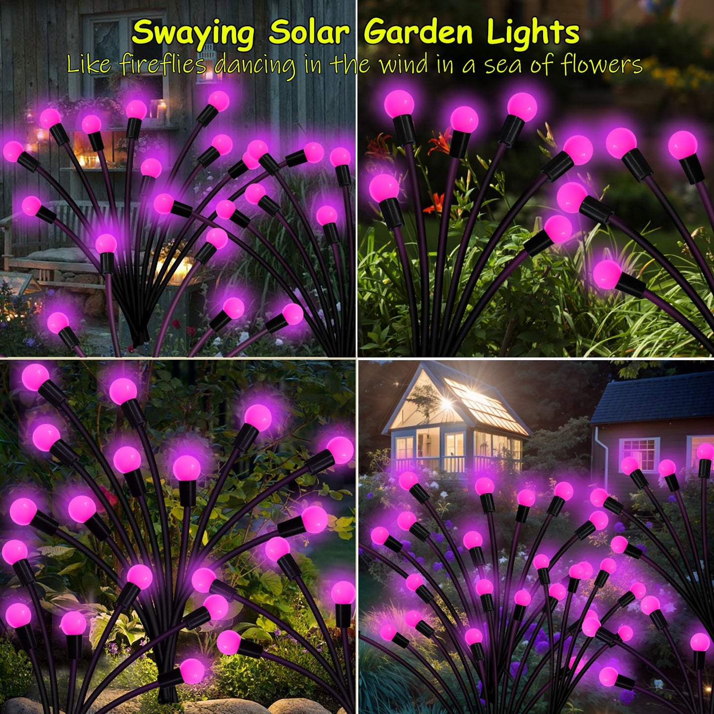 Kohlrabi Solar Garden Lights, 20 LED Pink Firefly Lights, Waterproof, 2 Pack