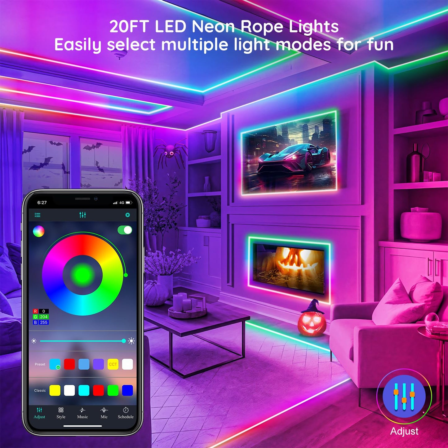 20Ft Neon Rope Lights Flexible Led Rope Lights Control With App/Remote Multiple Modes Rope Lights Ip65 Outdoor Rgb Led Neon Lights Waterproof Music Sync Gaming Led Neon Light Strip For Bedroom Decor