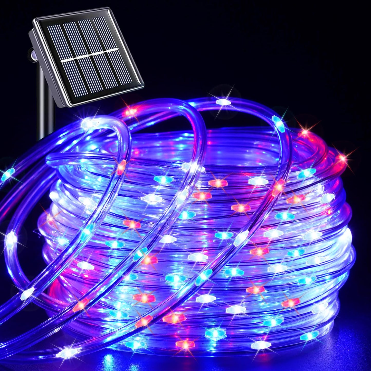 YEGUO Solar Rope Light, 200 LED, 66ft, 8 Modes, Red White Blue, 4th of July Decorations
