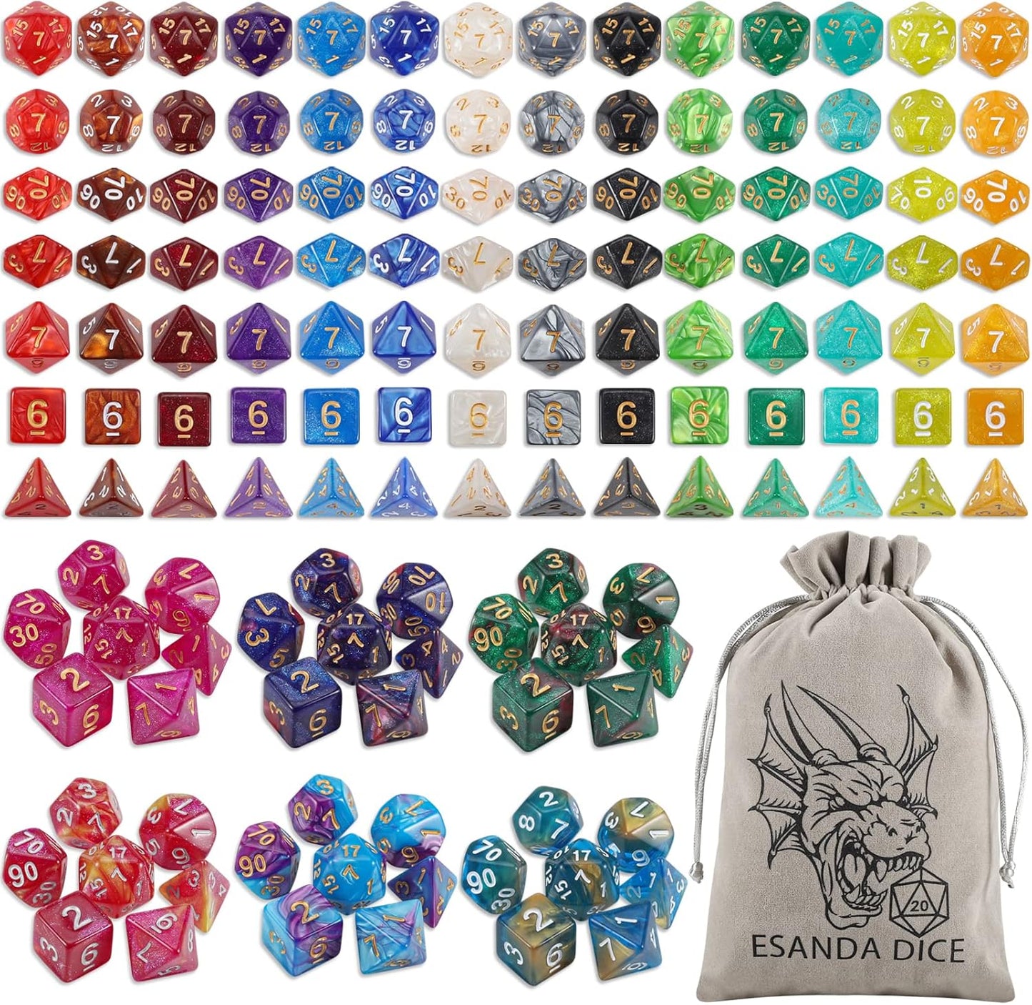 DND Dice Set - 20X7(140pcs) Polyhedral Dice for Dungeons and Dragons D&D RPG MTG Table Games with 1 Large Flannel Bag