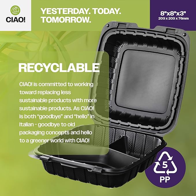 CIAO! 8"x8"X3" MFPP Black Hinged Container With Lid 3 Compartment (Case of 200)