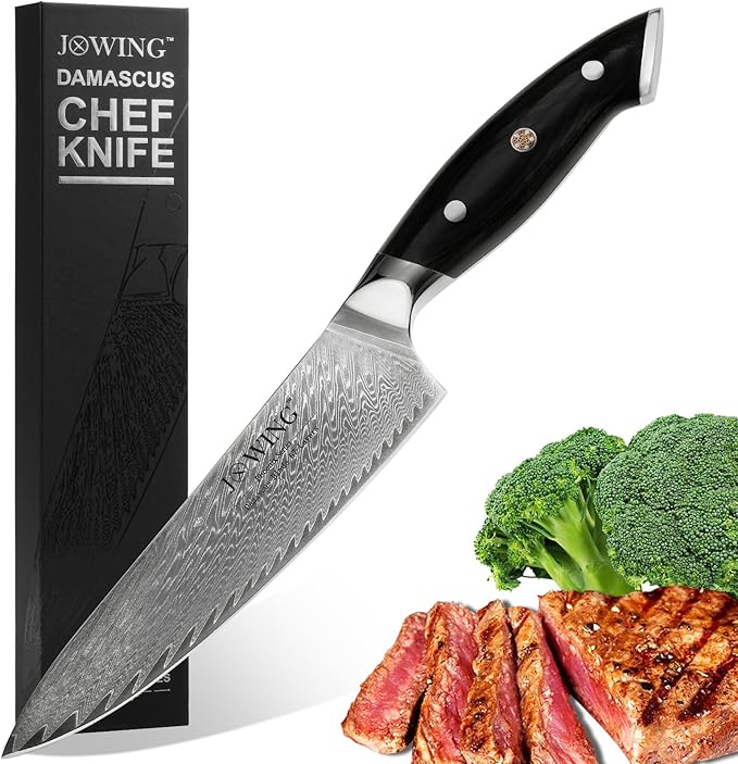 High Carbon Stainless Steel 8" Japanese Chef Knife, VG10 Steel Damascus Kitchen Knife, Professional Black Forged Kitchen Knives with Ergonomic Handle