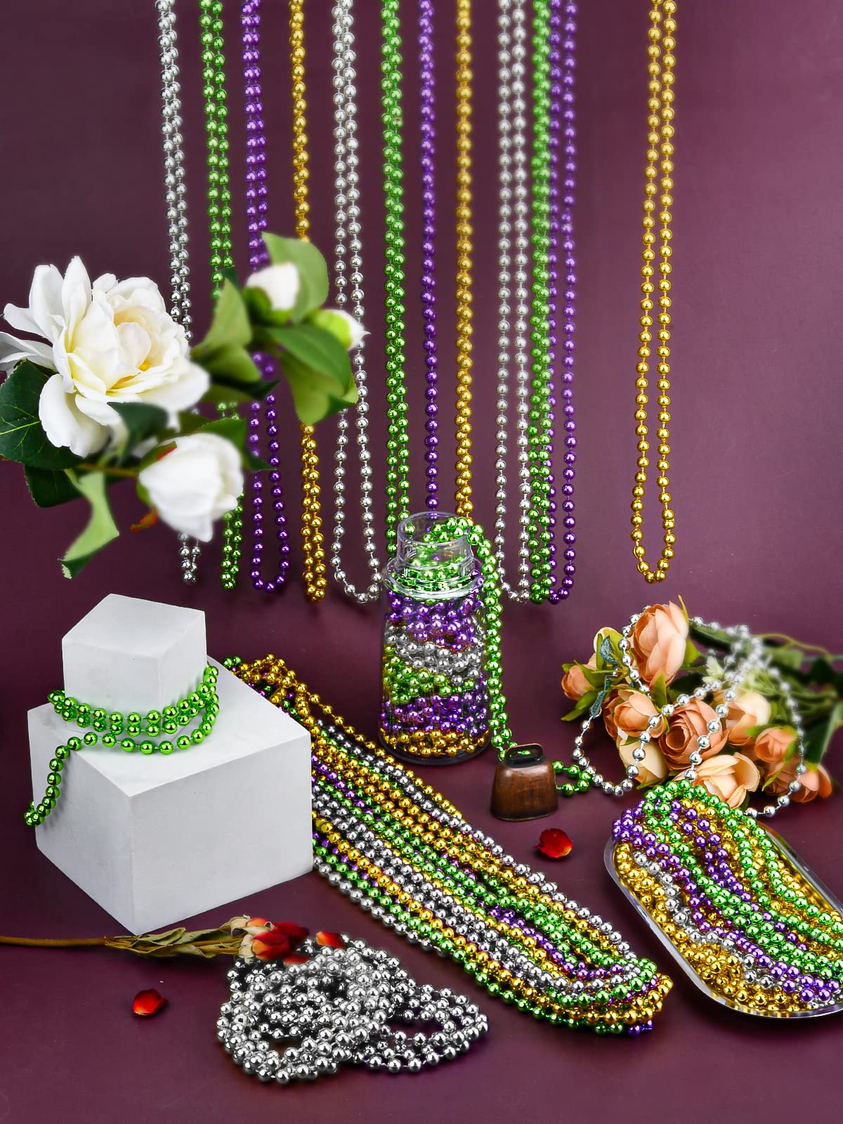 16 PCS 7mm Mardi Gras Bead Silver Faux Pearl Beads Necklaces Bulk Party Favor Plastic Play Pearl for 32 Carnival Necklaces Chris