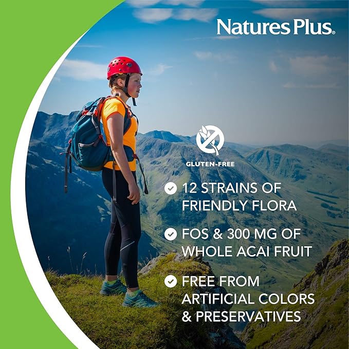 Natures Plus Ultra Probiotics - Maximum Strength Digestive Supplement - Total Body & Gut Health - Intestinal & Colonic Probiotics & Prebiotic Acai - 60 Vegetarian Capsules (60 Servings)