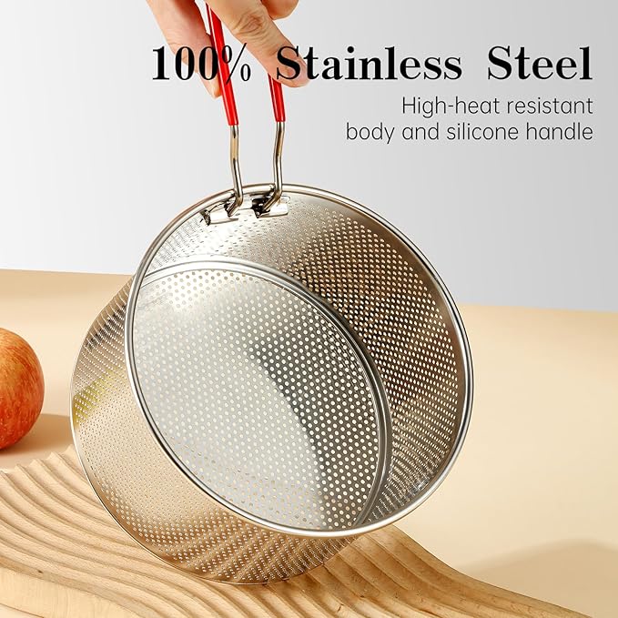 Stainless Steel Colander, Micro-Perforated Metal Pasta Strainer with Hook & Removable Handle, Colander Strainer Sieve for Kitchen French Fries Vegetable/Rice/Fruit/Food - 20cm/7.87in