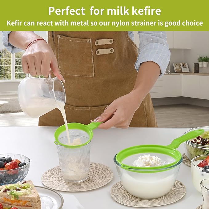 Kefir Strainer Set, 2-Size Plastic Non-Metal Sieve with Fine Mesh for Kefir Grains, Milk Kefir, Water Kefir & Kombucha - Durable, Food Grade & Easy Clean, Green
