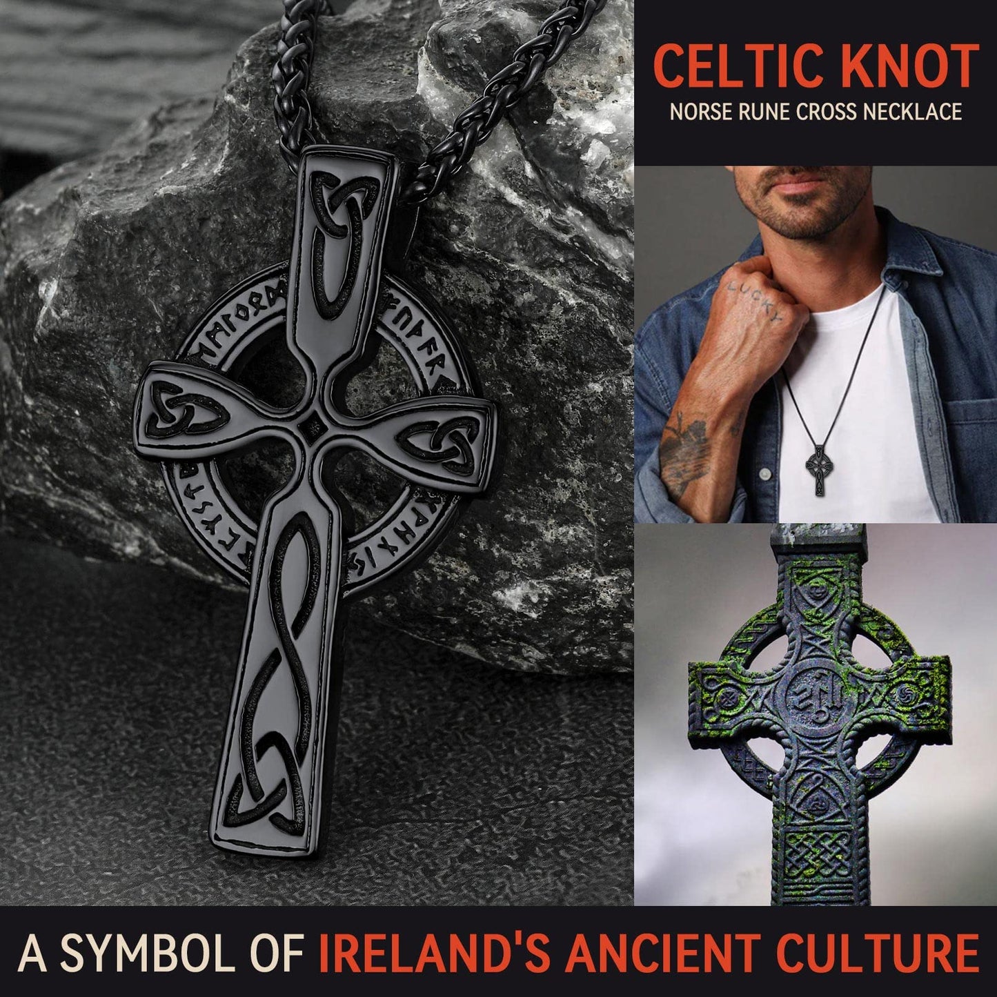 FaithHeart Viking Cross Rune Pendant Necklace Vintage Celtic Knot Neck Chains for Men Women Birthday Gift