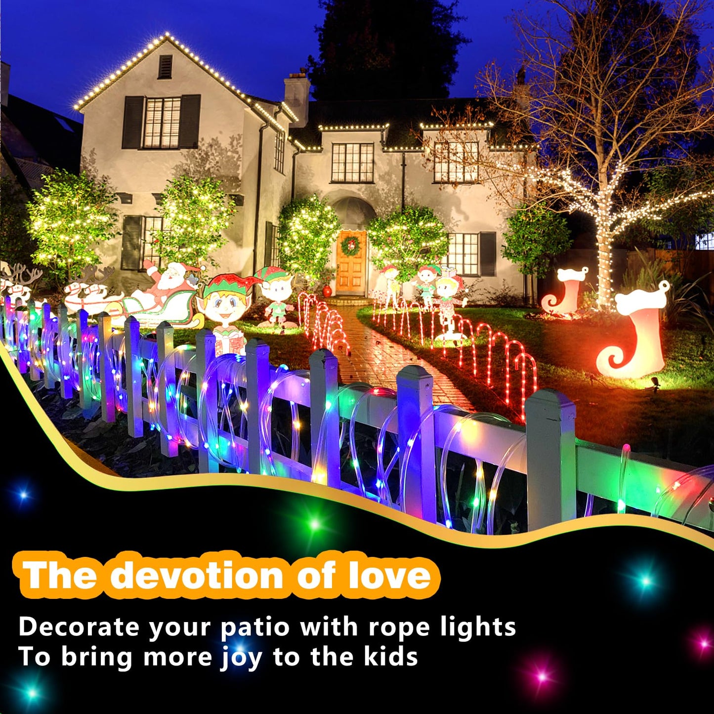 GLPE Solar Rope Lights, 66ft 200 LEDs, Waterproof Multicolor Fairy Lights, 8 Modes, Remote Control for Outdoor Use