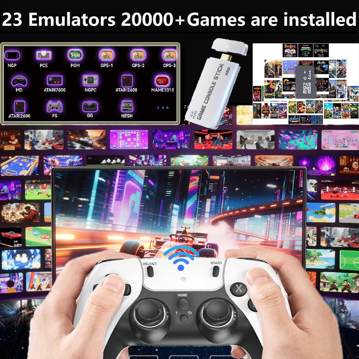 2025 Upgraded Wireless Retro gaming console, Plug & Play Video TV Game Stick with 4K Ultra HD,Built-in 23 Emulators, 20,000+ video games with Dual 2.4G white Wireless Controllers for TV Plug and Play(64G)