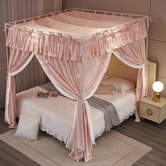 4 Corners Post Princess Ruffle Curtain Bed Canopy Lace Up Elastic Cozy Breathable Tent Mosquito Net for Girls Bedroom Decoration(Pink, 70-78" W*86" L*82" H/King)