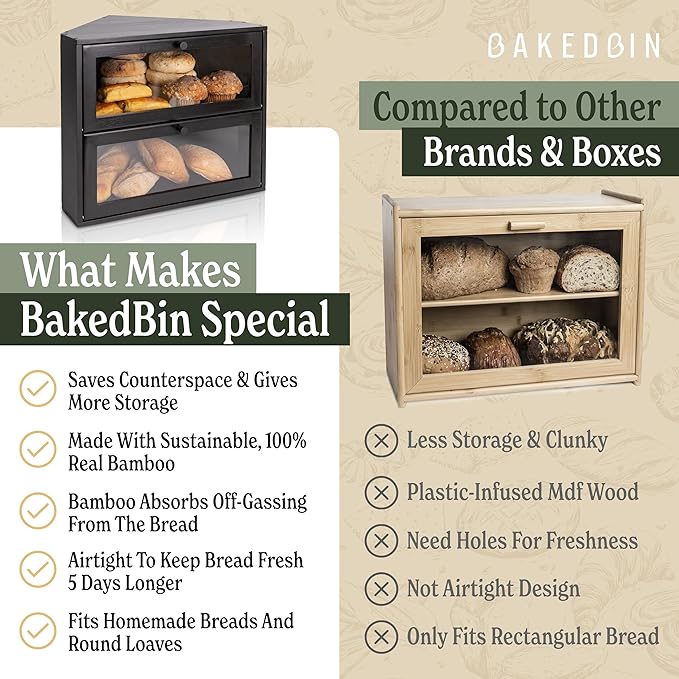 Corner Bread Box for Kitchen Countertop - New 2025 Airtight Design - Extra Large, Double Layer Black BreadBox, Vintage Storage for Homemade Bread, Under Cabinet Organizer