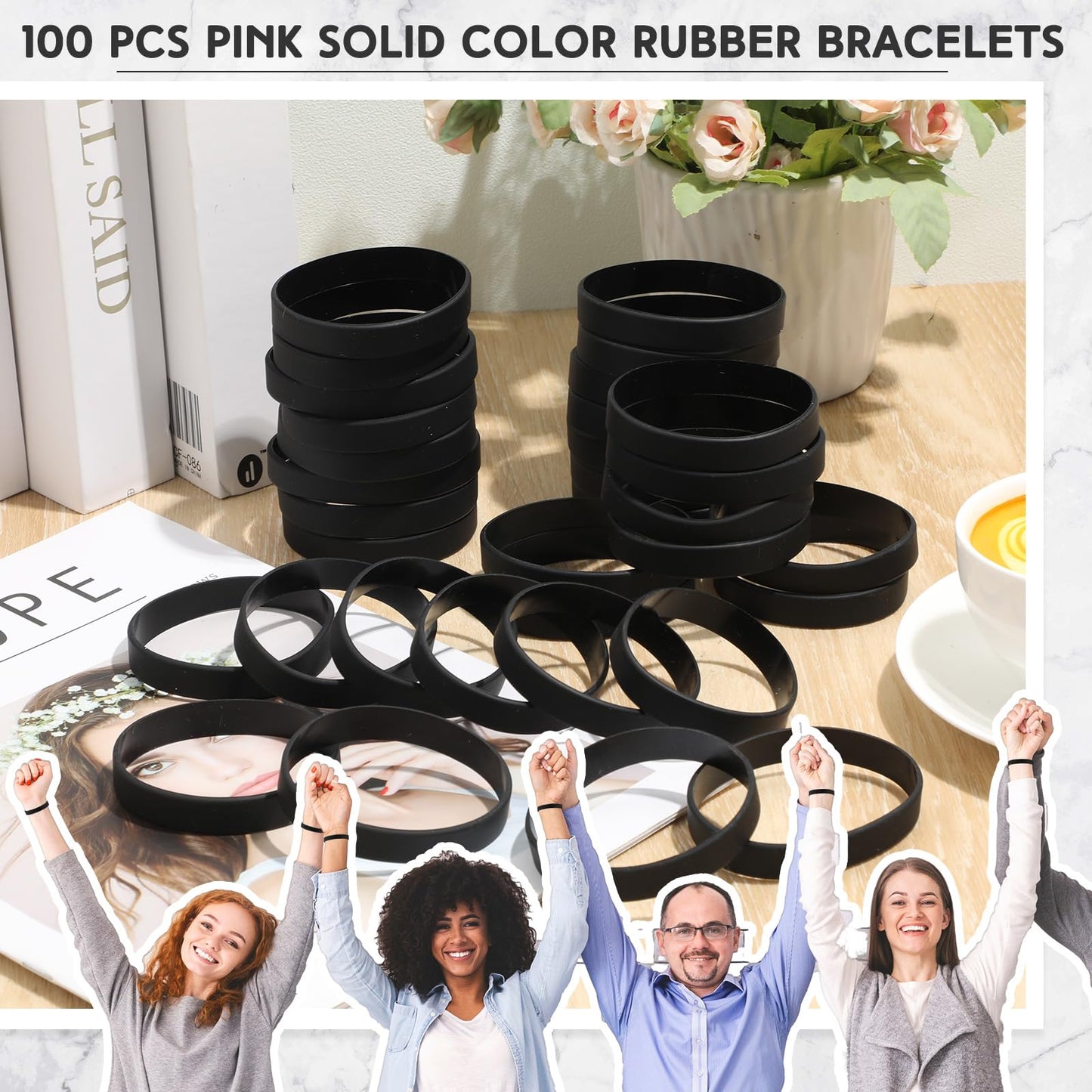 Liliful 100 Pcs Silicone Rubber Wristbands Rubber Wristband Bracelet Bands for Silicone Wristbands for Women Men(Black)