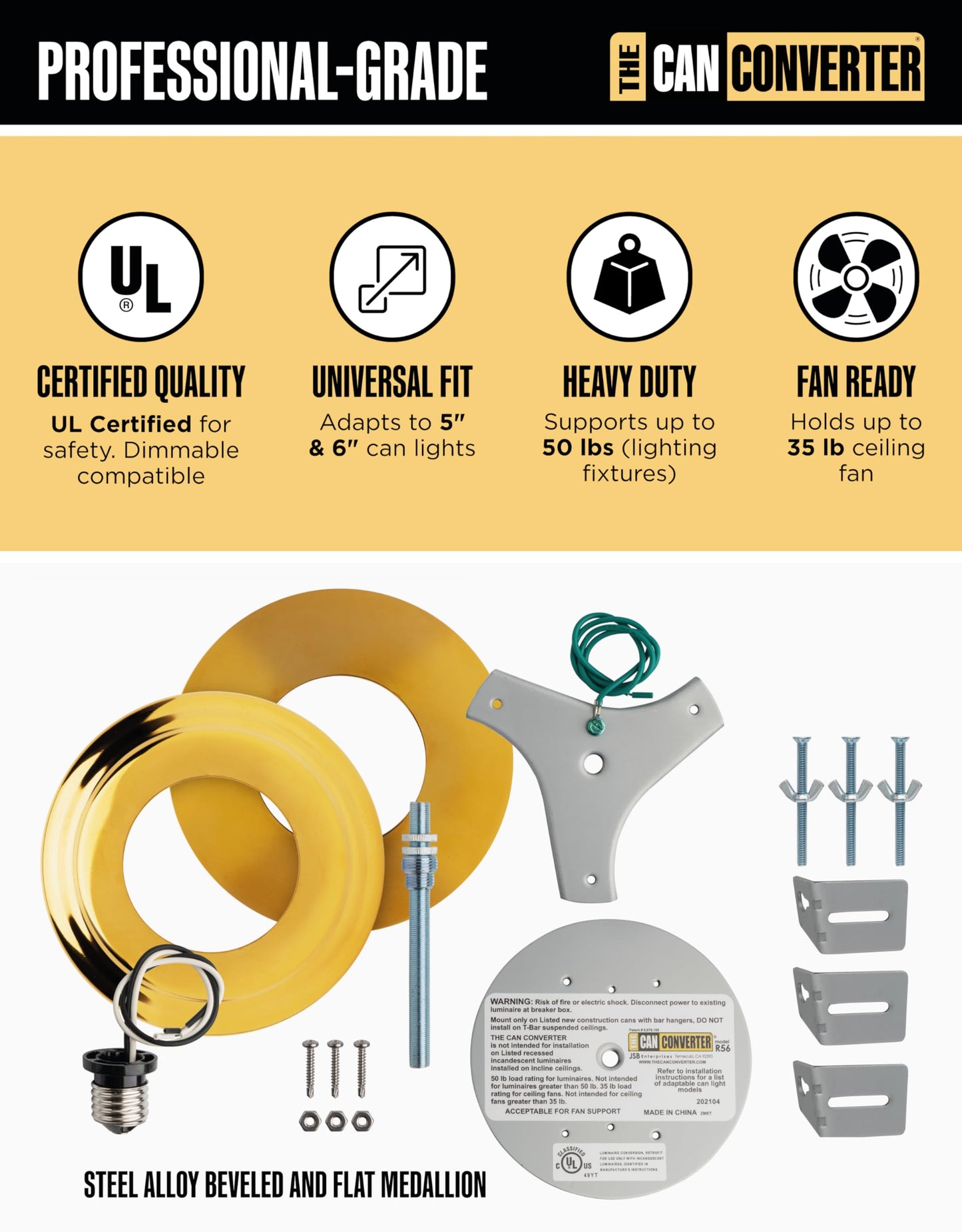 The Can Converter R56WHTFB Recessed Can Light Conversion Kit, Polished Gold Medallion, for Ceiling Fixtures and Fans