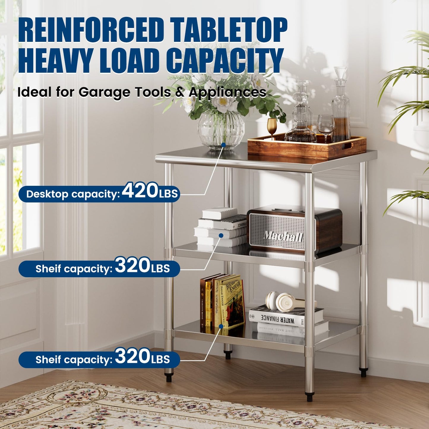 Stainless Steel Work Table 24 x 30 Inch with 2 Adjustable Undershelves, Heavy-Duty Metal Prep Table for Commercial Kitchen & Restaurant, Garage, Outdoor