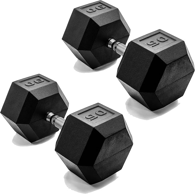 CAP Barbell 90 LB Rubber Coated Hex Dumbbell Hand Weight - Pair | Chrome Handle