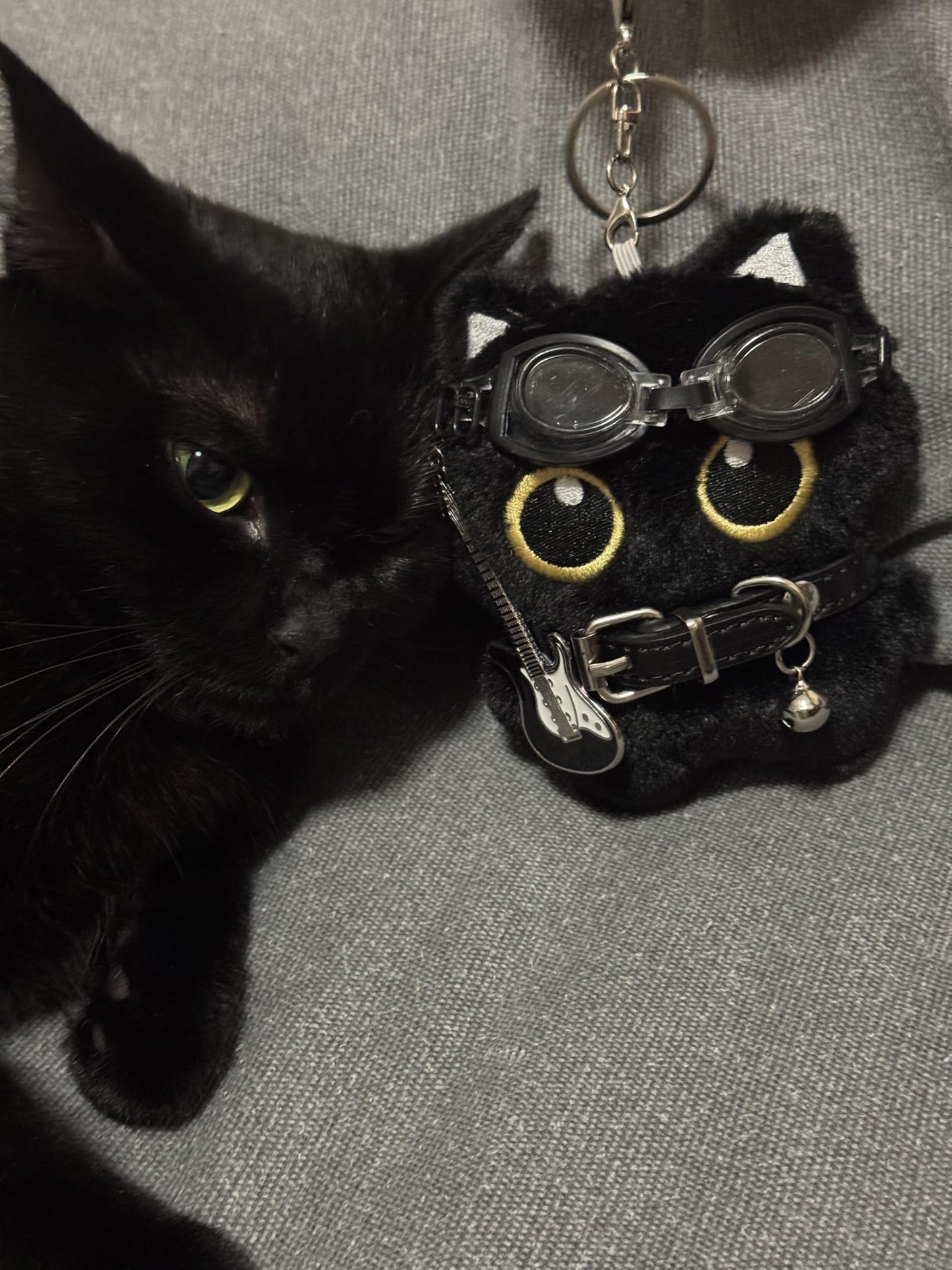 Tileafry Black Cat Keychain with 3 Accessories – Soft Plush, Backpacks Keychain,Pet Lovers (Glasses, Scarf, Guitar) (3