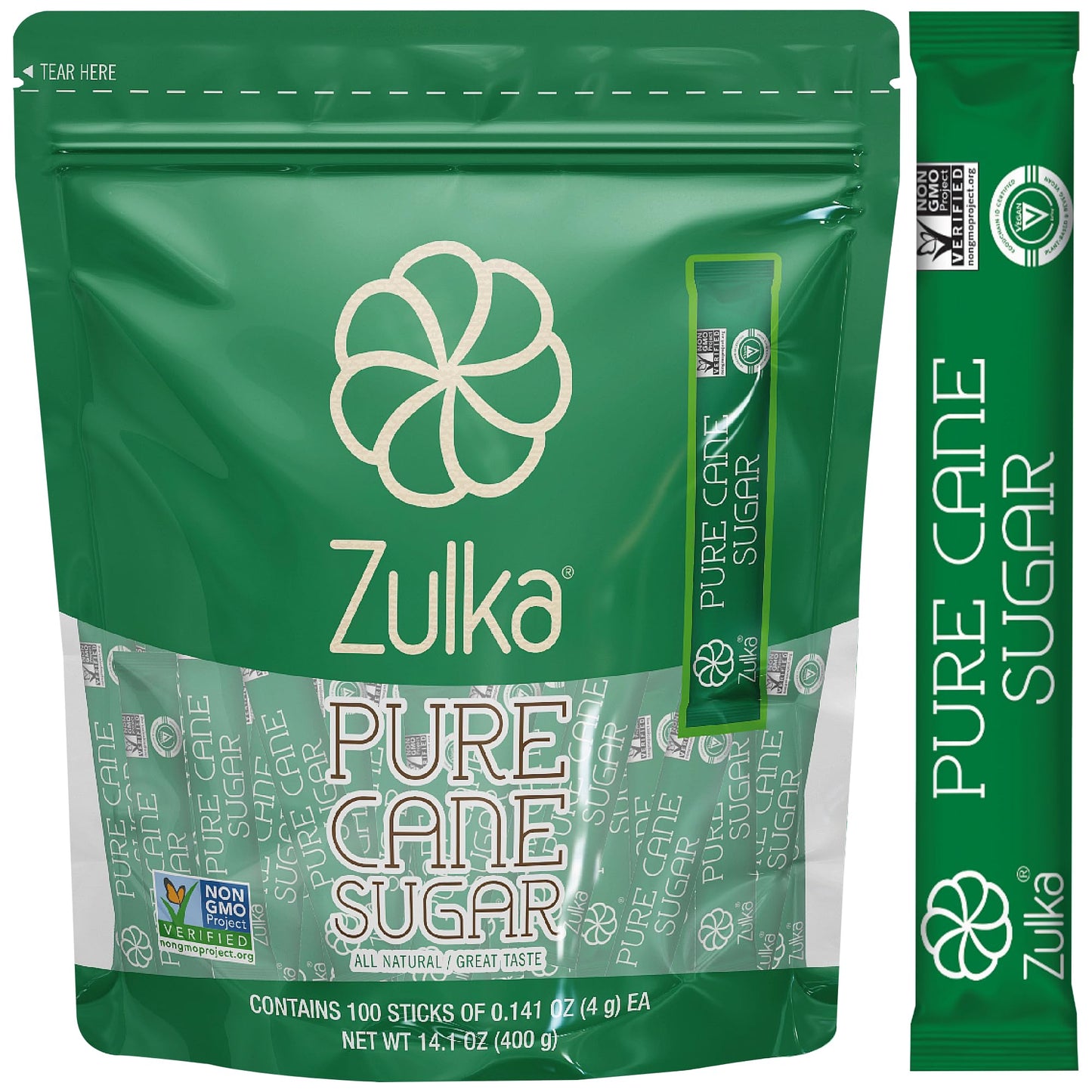 Zulka 100 Individual Sugar Packets for Coffee, 0.14 oz | All Natural & Non-GMO - Pure Cane Sugar Sticks, Az  car Pura de Caa en