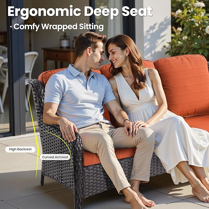 ovios 8 Pieces Patio Furniture Set, Outdoor Wicker Sofas with 2 Chairs, 4 Ottomans and Comfy Cushions, All Weather High Back Couch Set for Deck Porch, Brown Rattan, Orange Red
