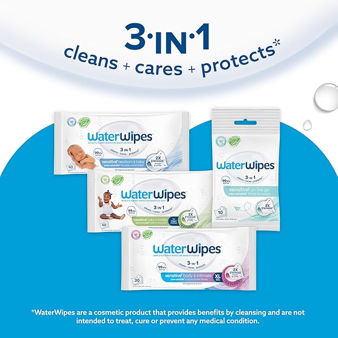 WaterWipes Sensitive+ Body & Intimate Wipes, 3-In-1 Cleans, Cares, Protects, 99.9% Water, Unscented & Hypoallergenic Hygiene Wet Wipes, Adult Care,180 Wipes (6 Packs)