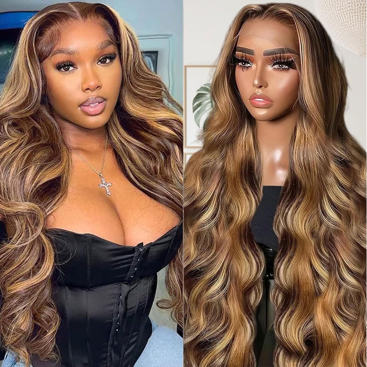 Shciyair Ombre Lace Front Wig Human Hair 200 Density Honey Blonde Highlight Wig Human Hair 4/27 13x4 Body Wave HD Lace Frontal W