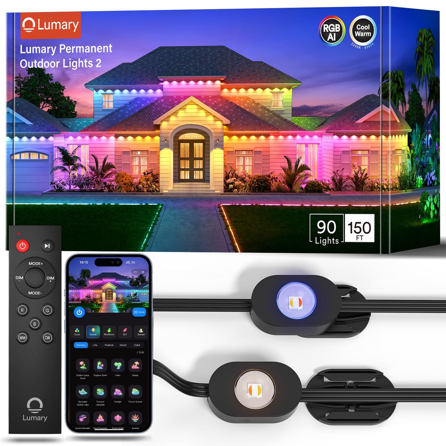 Lumary Smart Permanent Outdoor Lights 2 With Remote  150Ft With 90 Rgbaicw Leds 5400Lm For Daily And Accent Lighting  110+ Scenes For Halloween Christmas Decor  Compatible With Alexa Google  Black