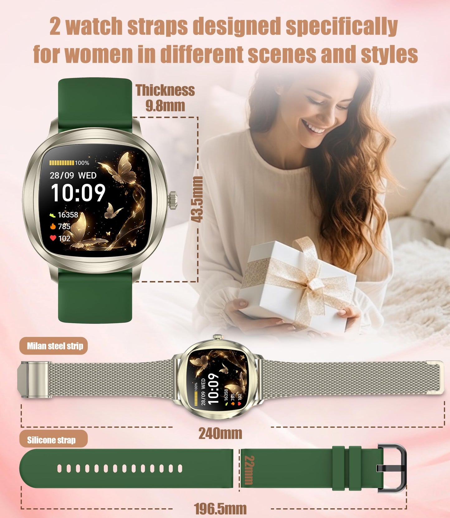 Women's Smart Bracelet/Smart Watch, 1.72-inch Display, IP68 Waterproof Sport Bracelet, One-Touch Bluetooth Calling, Fitness Tracker with Health Monitor (Champagne Gold)