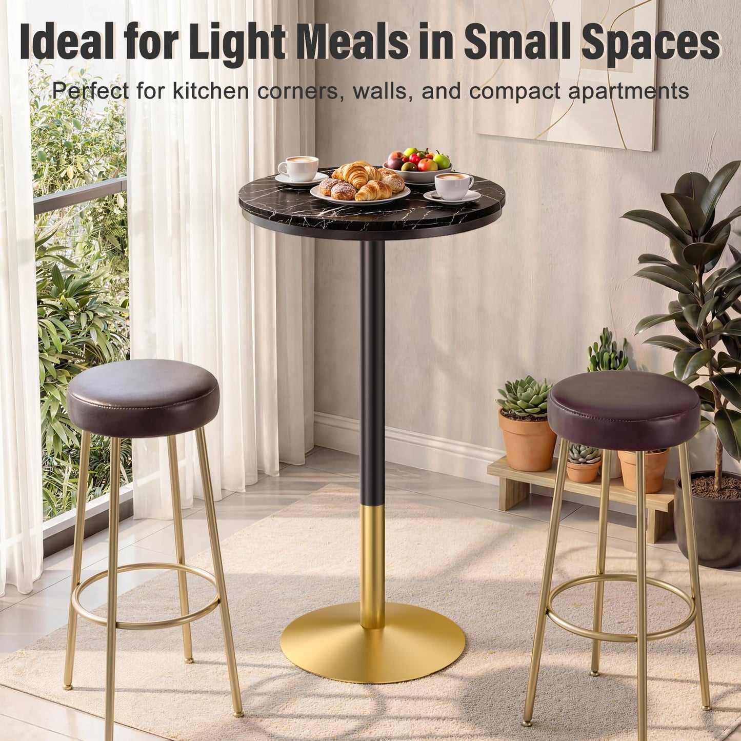 Modern Round Marble Bar Table, 22" Black Marble Top Pub Table with Gold Metal Base, Tall Bistro Table for Home Bar, Kitchen, Dining, Small Spaces, 37'' Bar Height