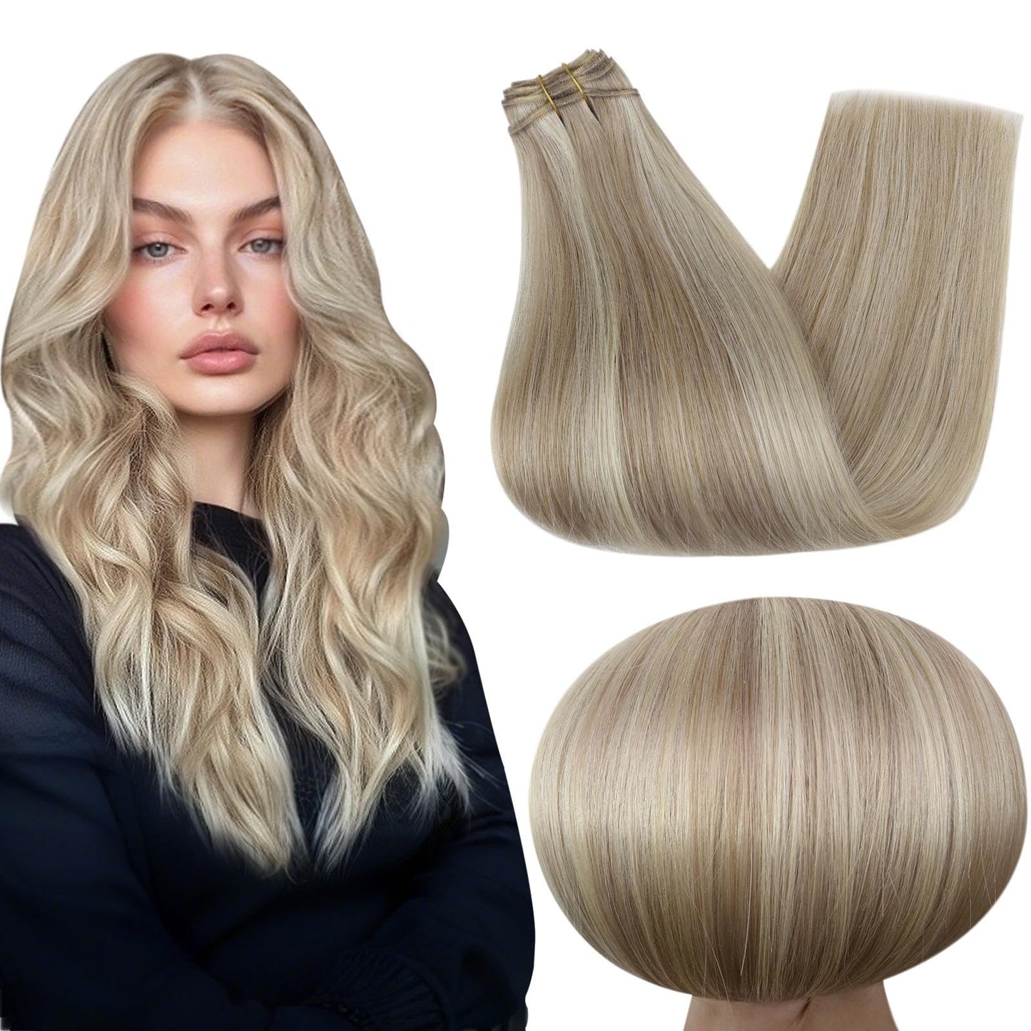 Full Shine Sew In Extensions Real Human Hair Weft Seamless Hair Extensions 14 Inch Color #18P613 Ash Blonde Highlight Bleach Blo