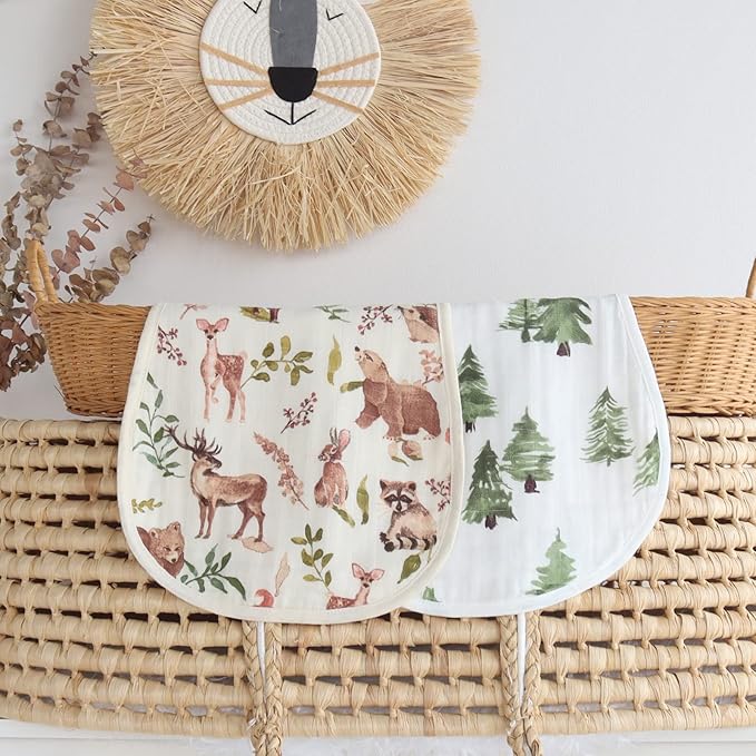 LifeTree Muslin Baby Burp Cloths - Soft 2 Pack Viscose from Bamboo Cotton Large 22'' by 10'' Absorbent Milk Spit Up Rags - Burping Cloths for Newborn, Girls Boys, Woodland Animals & Pine Tree