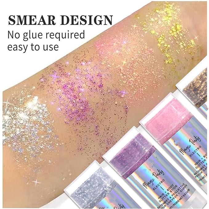 MAEPEOR Body Glitter Stick 6 Colors Holographic Mermaid Sequins Chunky Face Glitter Stick Singer Concerts or Music Festival Rave Body Makeup (Color 04)