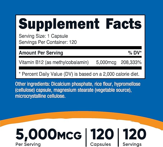 Nutricost Vitamin B12 (Methylcobalamin) 5000mcg, 120 Capsules - Vegetarian Caps, Non-GMO, Gluten Free B12 Supplement