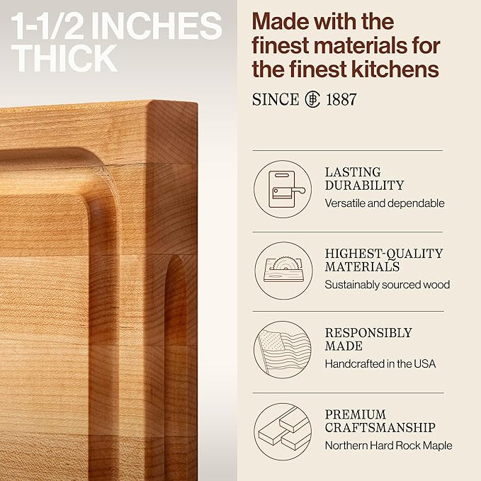 John Boos BBQ Series Rectangular Wooden Maple Cutting Board 18”x12” – 1.5” Thick, 8.5-lb Reversible Butcher Block with Juice Groove, Edge-Grain & Finger Grips– Made in the USA