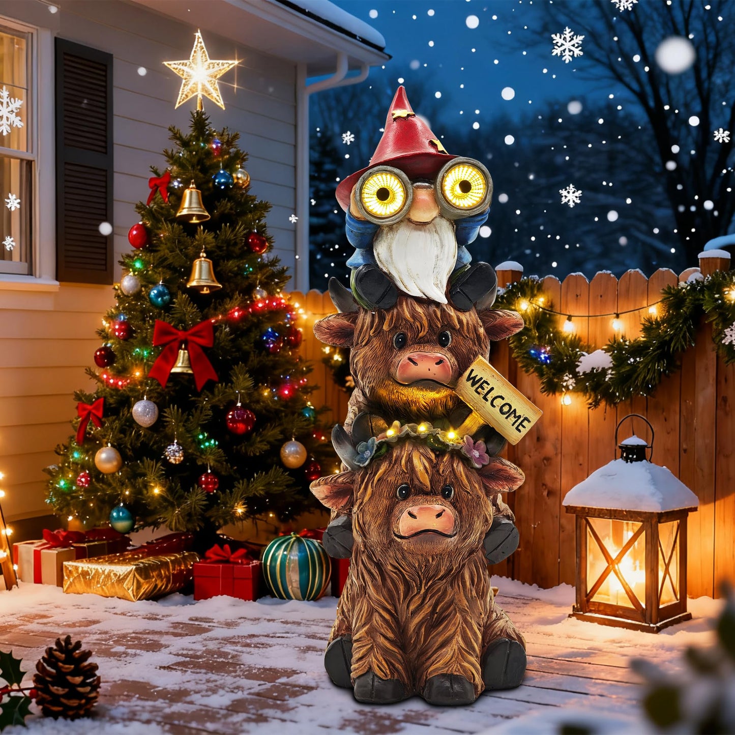 Cffownug Christmas Garden Gnomes Outdoor Statue: 11 Highland Cow Decor With Welcome Sign Funny Triple Yard Decorations With Solar Light Unique Birthday Gifts For Women Mother Grandma