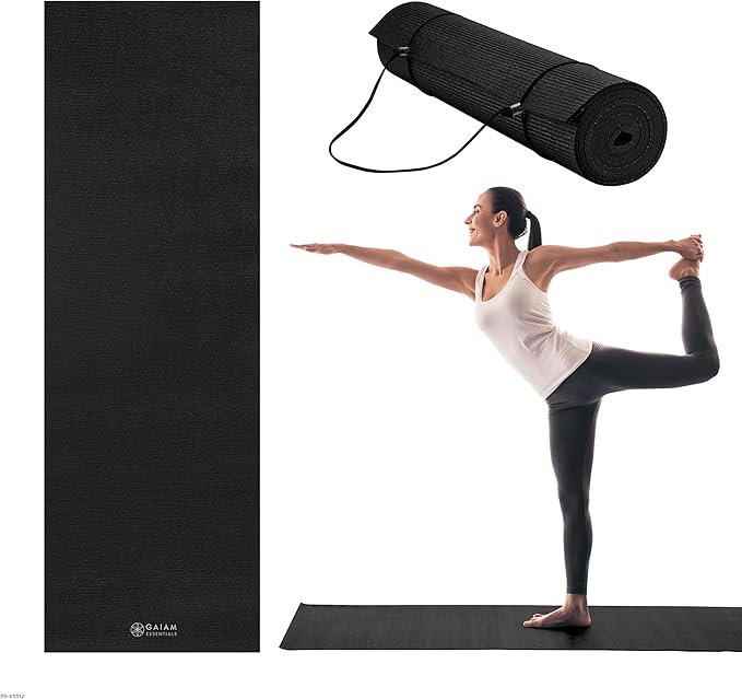 Gaiam Essentials 1/4" Thin (6mm) Yoga & Pilates, Fitness & Exercise Mat with Easy-Cinch Carrier Strap Cusion Support For F...
