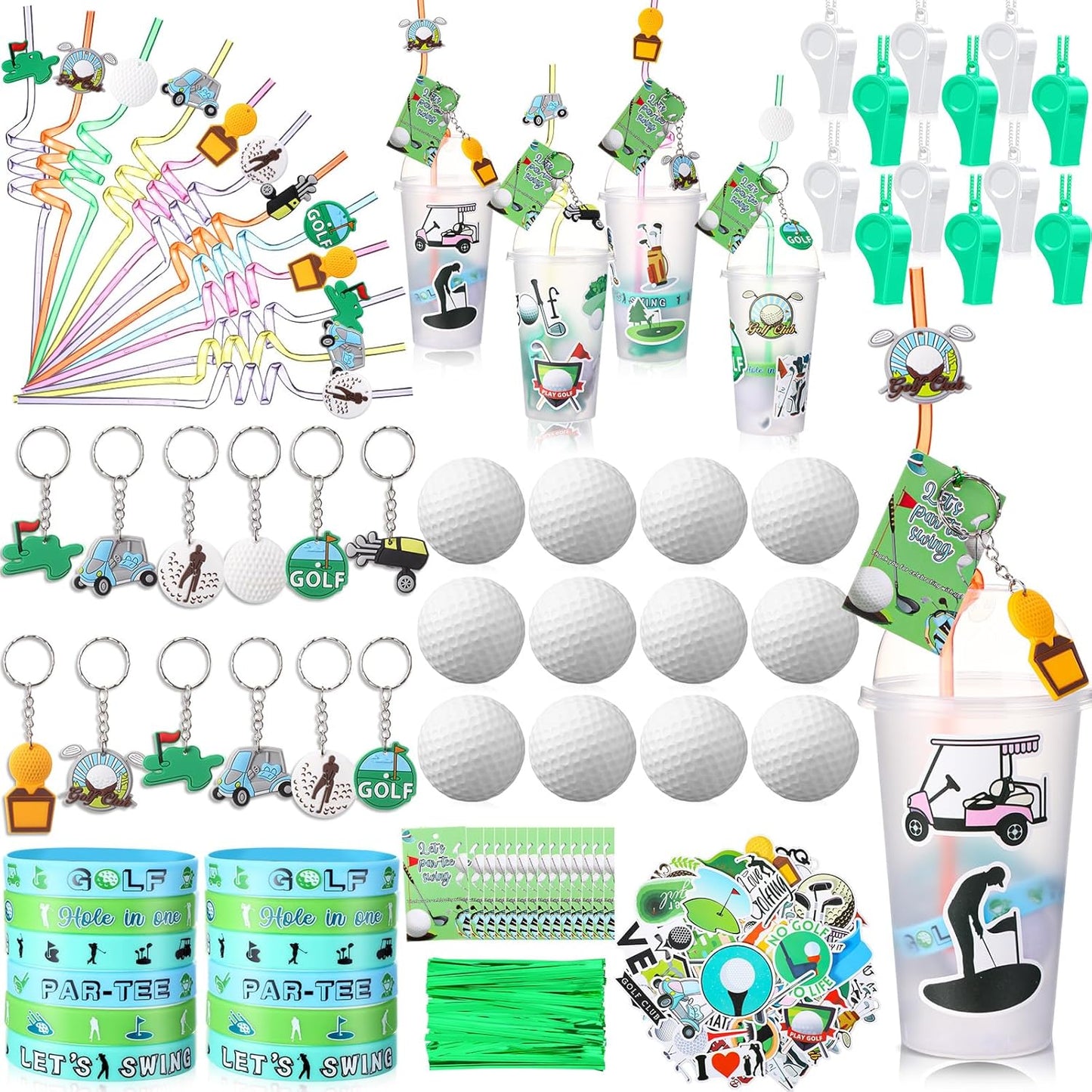 Weysat 184 Pcs Golf Party Favors Party Supplies with Cup Straw Stress Ball Keychain Sticker Bracelet Whistle Thank You Tags for Birthday Decorations (Golf )