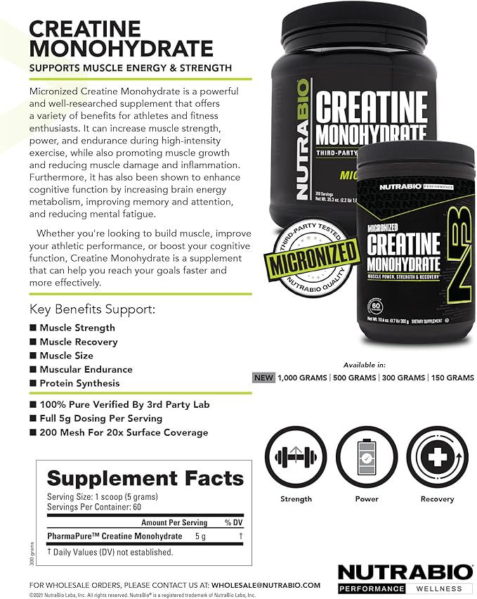 NutraBio Pure Micronized Creatine Monohydrate Powder Supplement, Unflavored, (300 g) - Supports Bulk Muscle Energy, Recovery, and Strength - HPLC Tested Creatine Powder Supplement for Men and Women