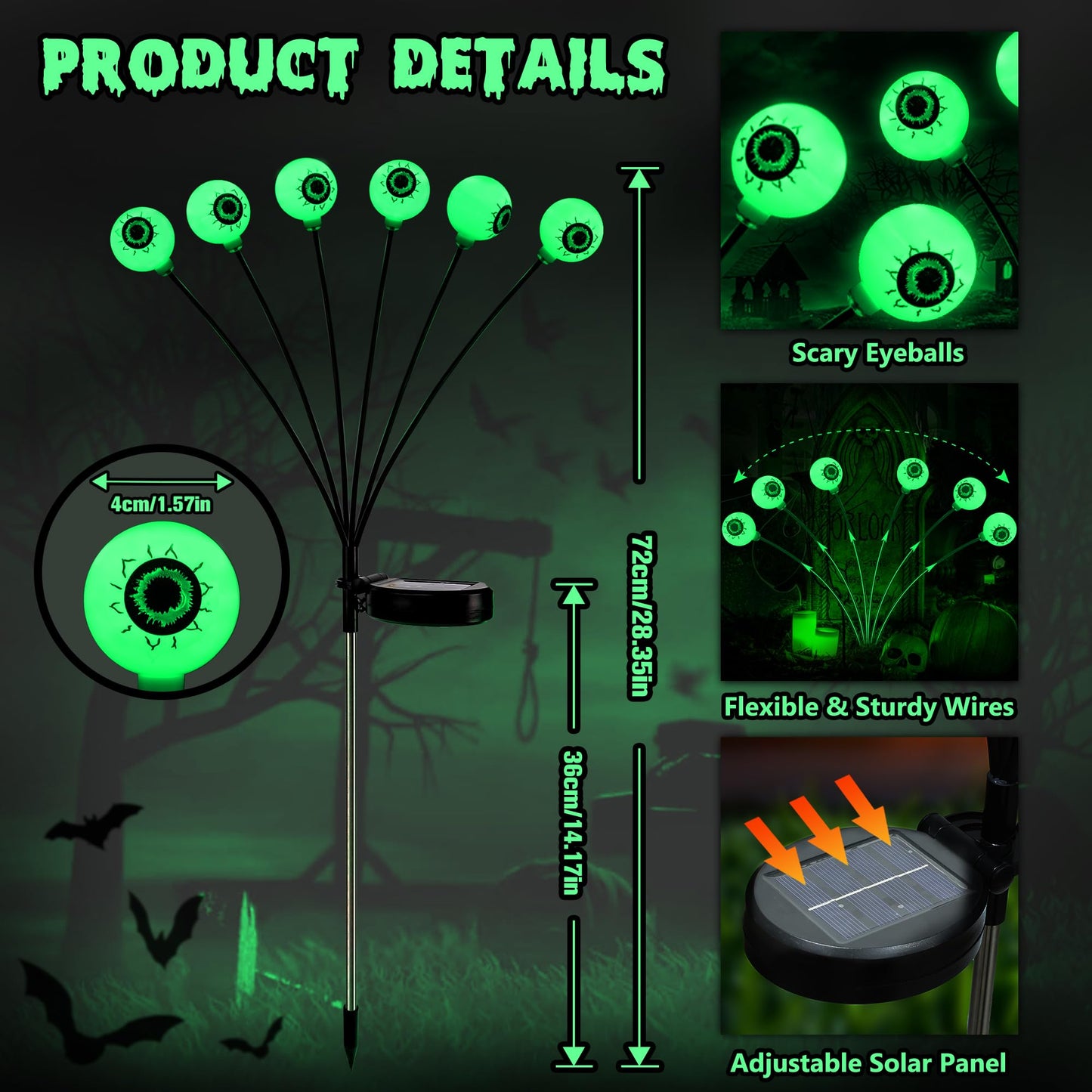 Brizlabs 8 Pack 48 Led Halloween Solar Lights  2 Modes Outdoor Halloween Eyeball Pathway Lights  Solar Spooky Light Waterproof  Green Swaying Firefly Lighting For Path Yard Garden Lawn