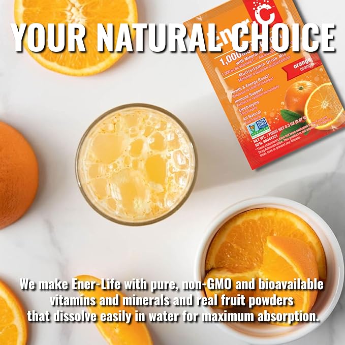 Ener-C - Vitamin C Immune Support, 1000mg Vitamin C Effervescent Multivitamin Drink Powder, Fruit Juice Vitamin C Drink Mix for Hydration with Electrolytes, Orange, 60 Packets (2-Pack)