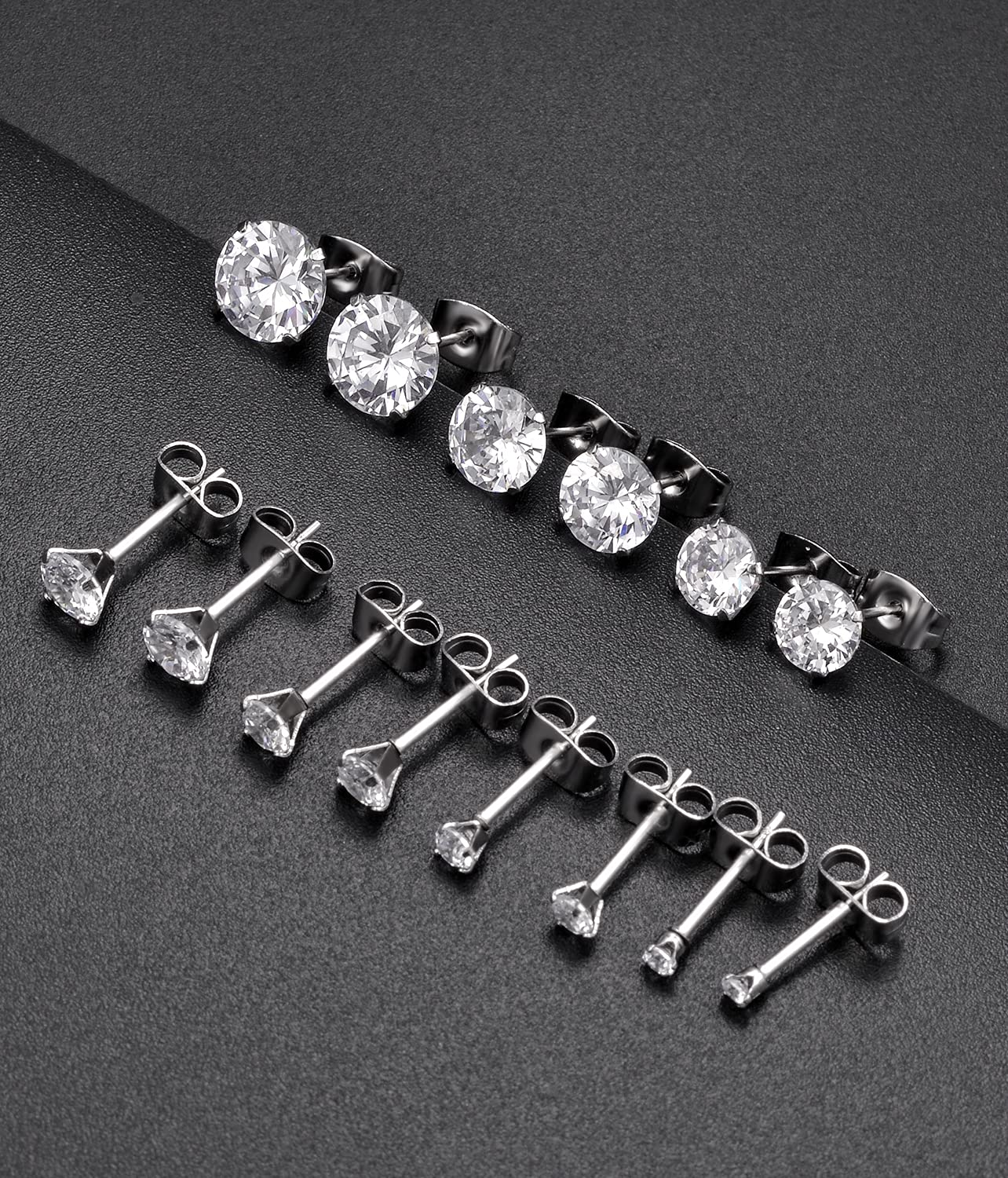 Tornito 7 Pairs 18G Stainless Steel Stud Earrings Round Cubic Zirconia Barbell Earring Set for Women Men 2MM-8MM Silver Tone