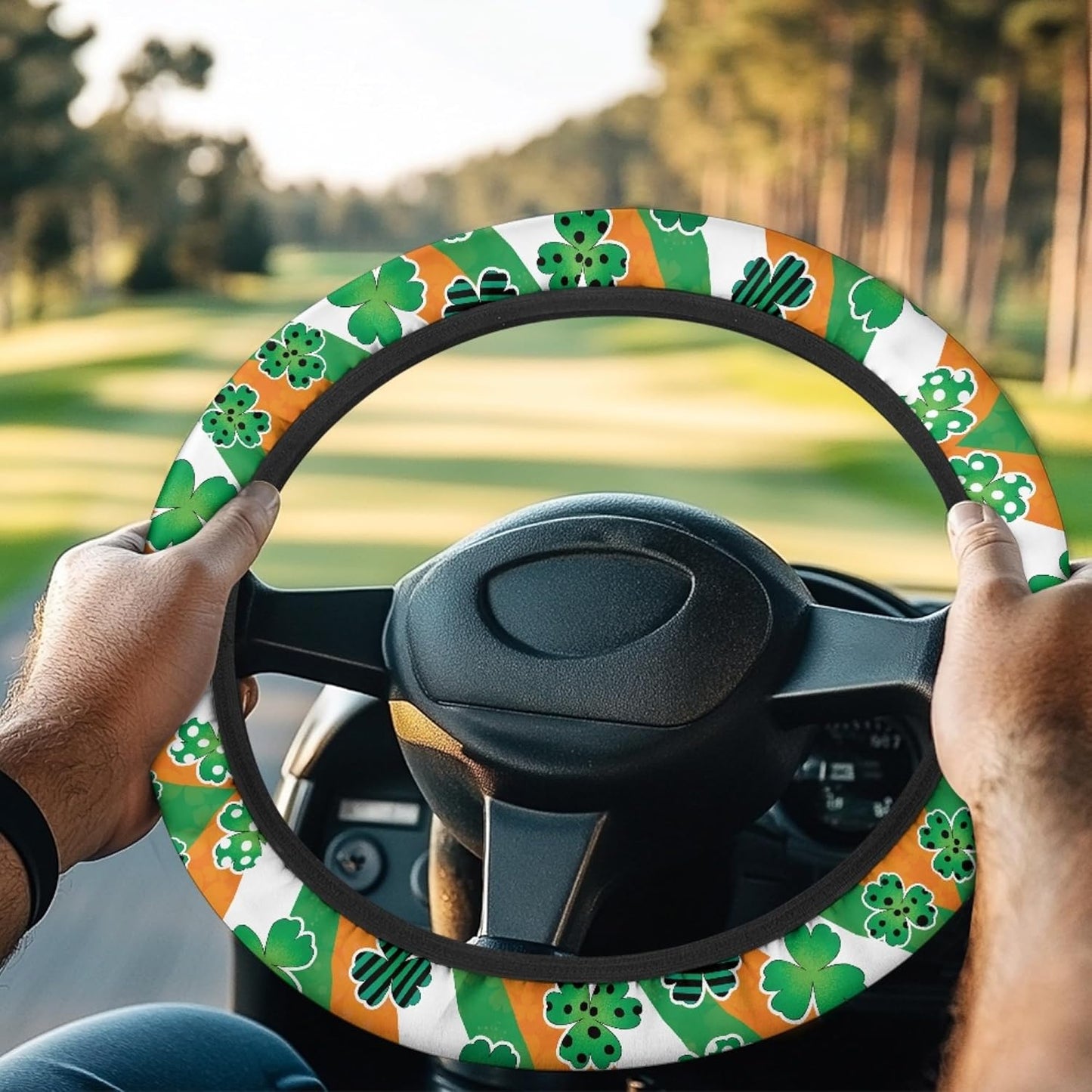 St. Patrick's Day Golf Cart Steering Wheel Protector Cover Green Leaves Golf Cart Steering Wheel Covers Fit 13-14 Inch Car Steering Wheel Covers for Club Car Sweat Absorption