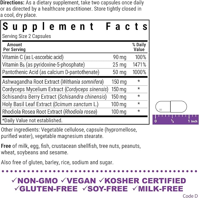 Bluebonnet Nutrition Adrenal Support, Energy & Mood*, Non-GMO, Vegan, Kosher Certified, Gluten-Free, Soy-Free, Dairy-Free, 120 Vegetable Capsules, 60 Servings